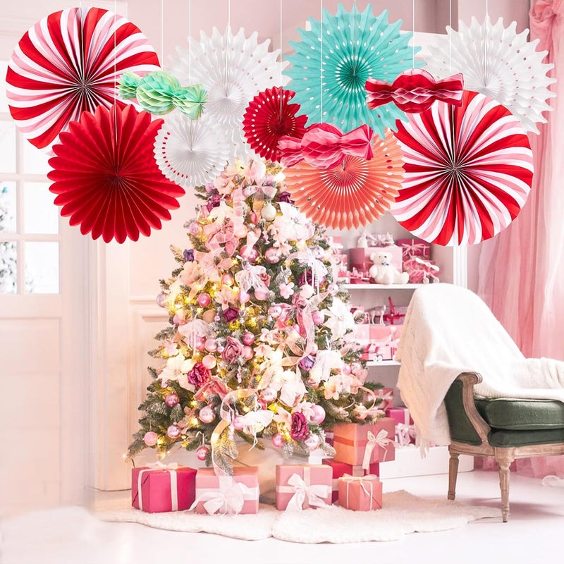 paper jazz 12pcs Candy Paper Fans Christmas Decoration,Candy Honeycomb Christmas Decorations,White and Red Xmas Decoration Wall/Ceiling for Classroom,Bulletin Board,Winterwonderland,Office Decor. - Image 5